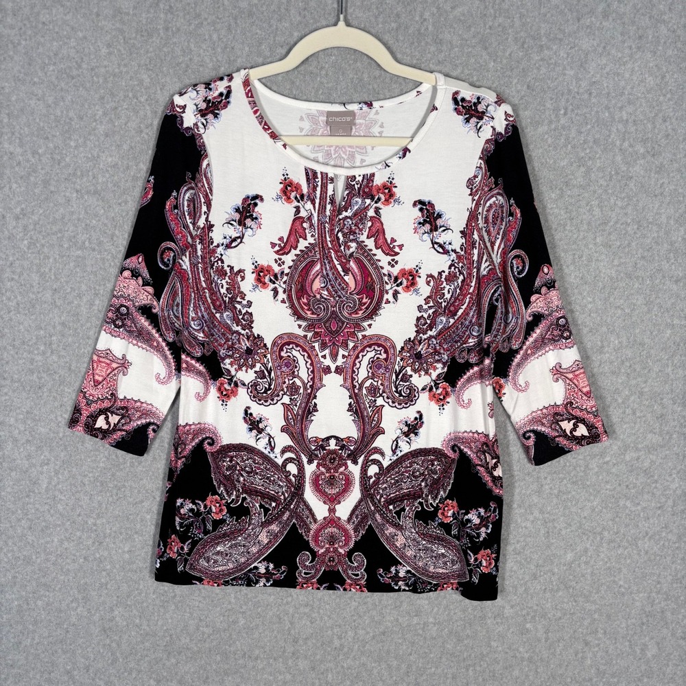 Chicos Tunic Top Small Navy Pink Paisley Floral Thin Soft Stretch Flowy Artsy